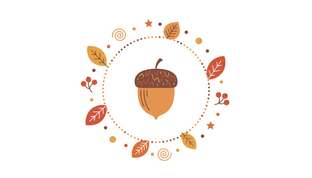 Stylized autumn acorn vector icon placed inside a decorative circular frame of fall leaves, berries, and stars.