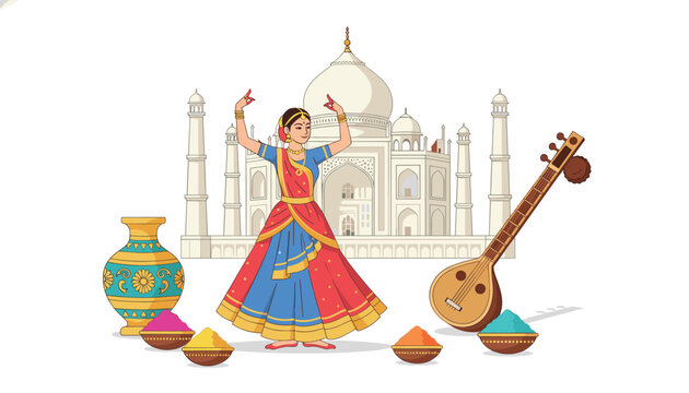 Graceful Indian dancer in traditional clothing performing in front of the Taj Mahal with a sitar and colors of Holi.