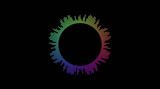 Dynamic rainbow audio visualizer with vibrant pulsating lines around a central dark circle on a clean black background abstract technology concept for music and sound