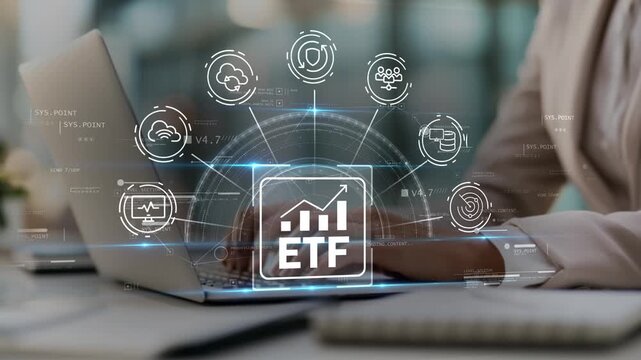 Business professional using laptop with animated ETF investment icon representing FIRE financial independence, passive investing, retirement planning and long term wealth building