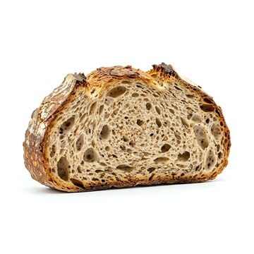 Sliced artisan sourdough bread with crispy crust and airy crumb structure, isolated on white background for bakery, food packaging, and culinary design projects.