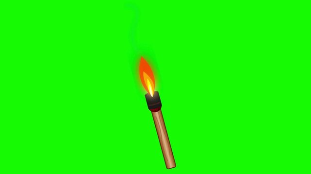 Animated flaming wooden torch burning on green screen background fire flame