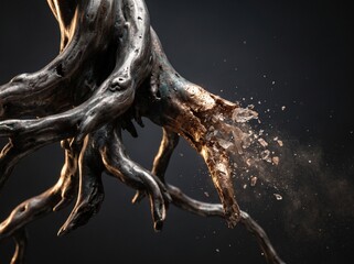 Fototapeta premium Close-up view of ancient, gnarled tree roots breaking apart, with dust and debris scattering in the air. The textured, dark wood contrasts with the sharp fragments flying off.