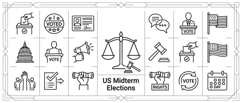 US Midterm Elections Icons: Voting, Justice, Rights, Government, Democracy