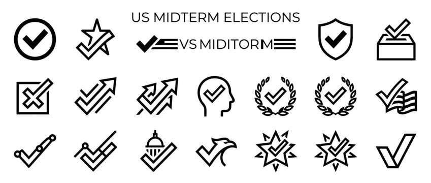 US Midterm Elections Vote Icons: Checkmarks, Ballots, Eagle, Capitol Building