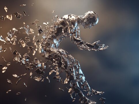 A fragmented human figure made of metallic shards appears to be dissolving or exploding. The concept evokes feelings of transformation, disintegration, or perhaps even rebirth.