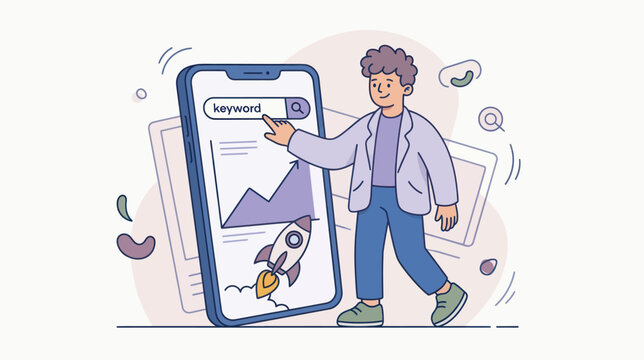 A man searching for keywords on his phone with a rocket graphic symbolizing growth and success