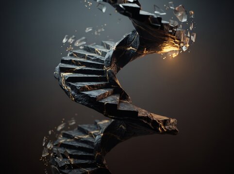 A dark, spiraling staircase crumbles into shards as it ascends, creating a dramatic and abstract composition. Light glows from within the debris