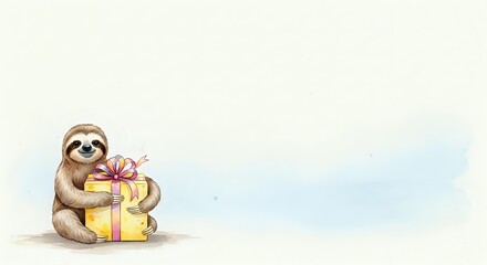 Naklejka premium Cute sloth holding wrapped gift box with pink bow on neutral background, isolated for greeting cards, children's illustrations, and festive designs.