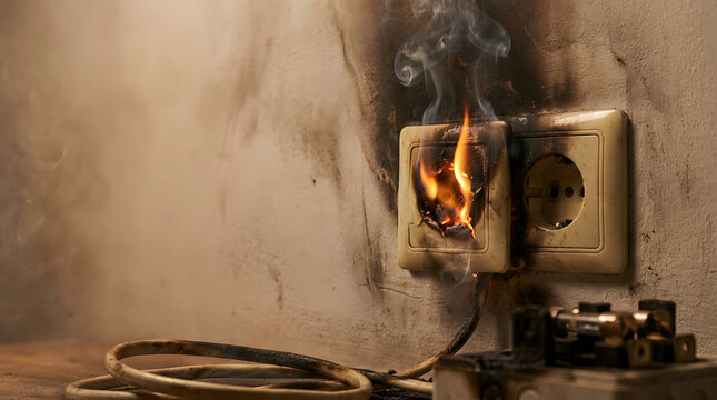 Electrical socket burning with bright orange flames and heavy black smoke on a damaged wall inside a residential home interior