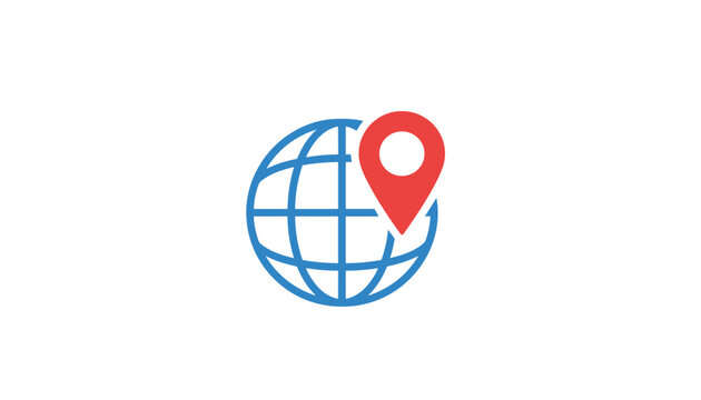 Minimalist geographic design of a simplified blue globe outline marked with a bright red map location pointer pin.