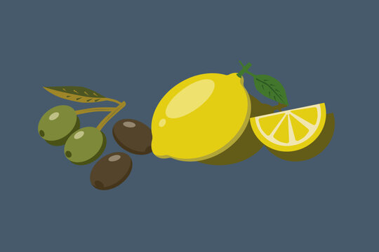 Mediterranean style vector illustration of fresh yellow lemons and green olive with leaves isolated on a dark blue background perfect for Italian food packaging, kitchen decor, restaurant menu,&hellip;