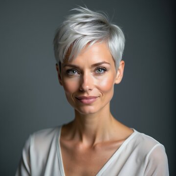 Close up portrait of beautiful woman with short silver hair Pixie cut style. Caucasian lady smiling at camera against grey studio background. Person wears white shirt, natural makeup. Elegant female