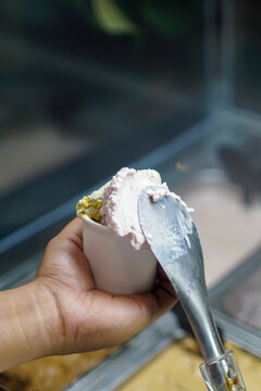 Close-up of artisan gelato being freshly served into a white paper cup using a metal scoop. Premium dessert preparation with shallow depth of field for hospitality and food marketing.