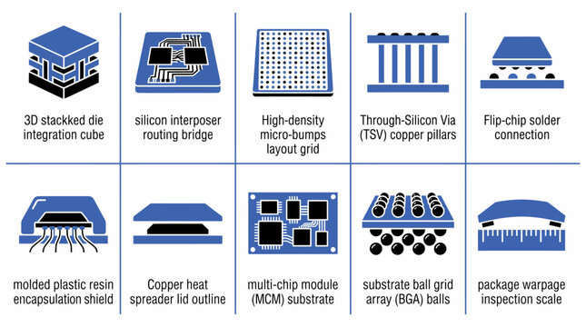 set of vector icons illustrating various chip packaging technologies, including 3D stacked die integration, silicon interposer routing, and micro-bumps layout grid.