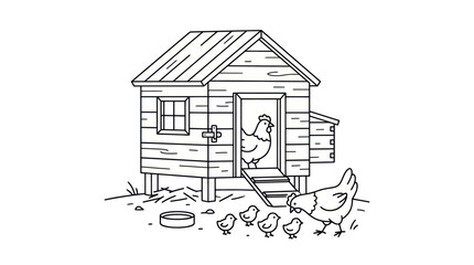 Chicken coop line art with hen and chicks. © Dias