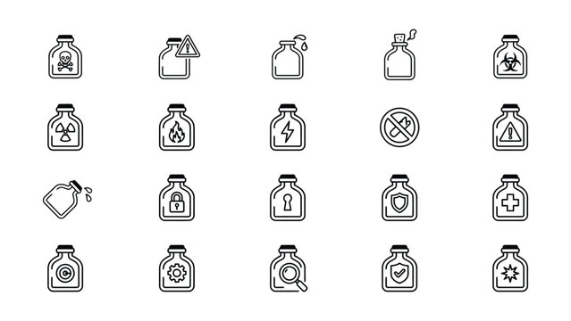 Line icons of laboratory bottles with hazard and safety symbols