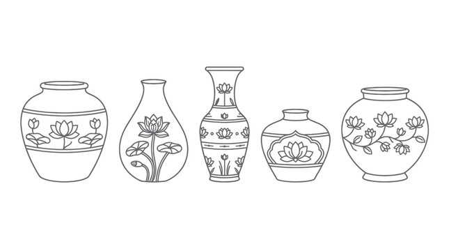 Chinese porcelain vases with lotus pattern line drawings.