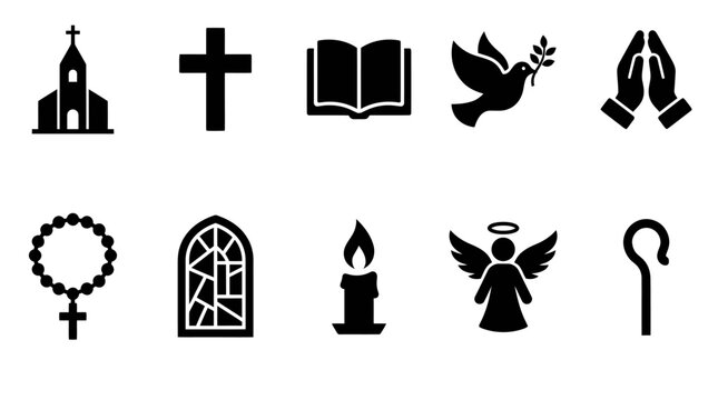 Christian religious black silhouette icons and spiritual symbols set.