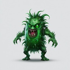 Fototapeta premium green monster character stands with sharp spikes and glowing eyes. It has an angry expression and claws. background is plain gray, highlighting the characters features