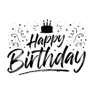 Hand lettered birthday greeting with cake illustration on a white background