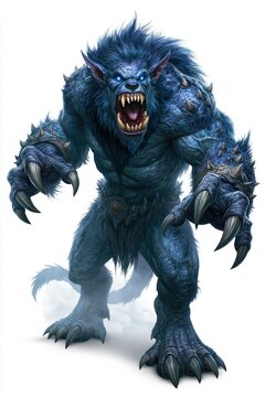 creature with blue fur and strong claws shows its teeth while standing on two legs. It looks ready to attack in a fictional setting. scene shows strength and power