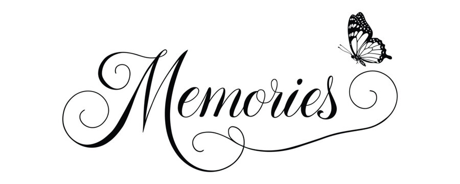 Calligraphic word memories with butterfly illustration on a white background