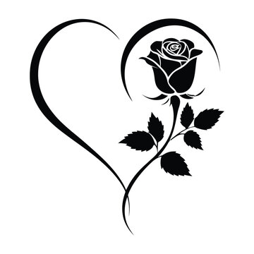 Rose and heart shaped silhouette on a white background