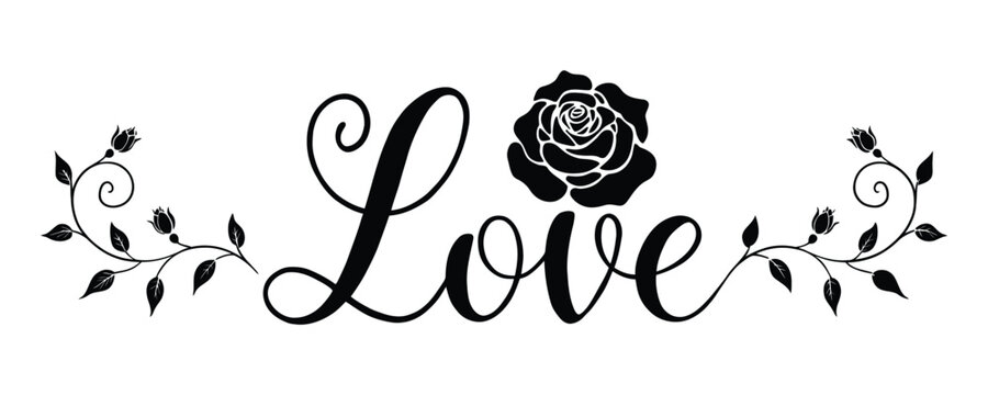 Floral ornament with rose and lettering on a white background