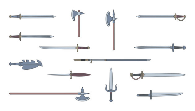 Detailed retro pixel art collection of medieval fantasy weapons including swords, axes, and halberds in a row.