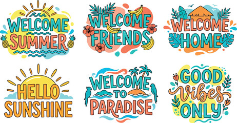 Vibrant summer welcome phrases and tropical greetings hand lettered typography collection © Mst Runa