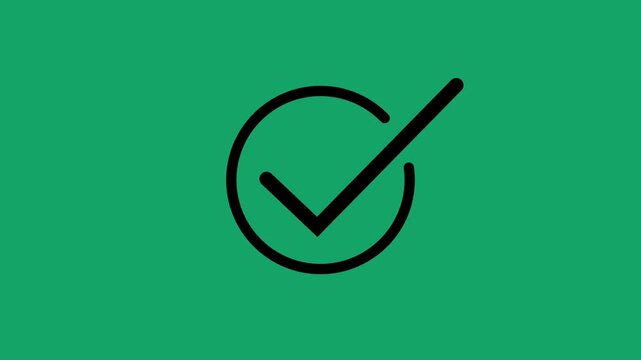 Chick mark animation on circle. tick mark symbol ok button animated on green background.on a black background,with video animation.