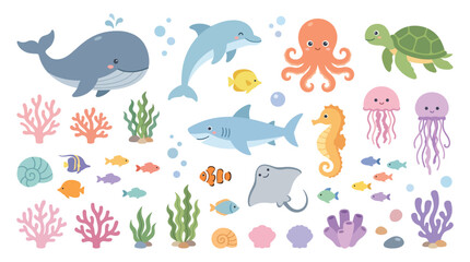 Obraz premium Set of cute sea animals and plants, vector illustration