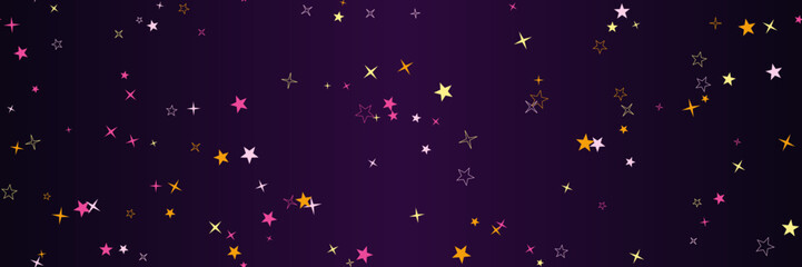 Seamless banner pattern featuring scattered colorful stars on deep purple backdrop, evoking a mystical cosmic night sky and nebula magic. © Arina