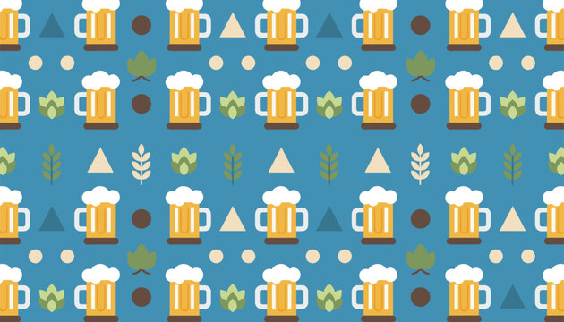Seamless background pattern featuring beer mugs, hops, wheat grains, and geometric shapes on a blue background.