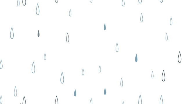 Seamless background pattern of falling blue rain drops of different sizes and shades on a white background.