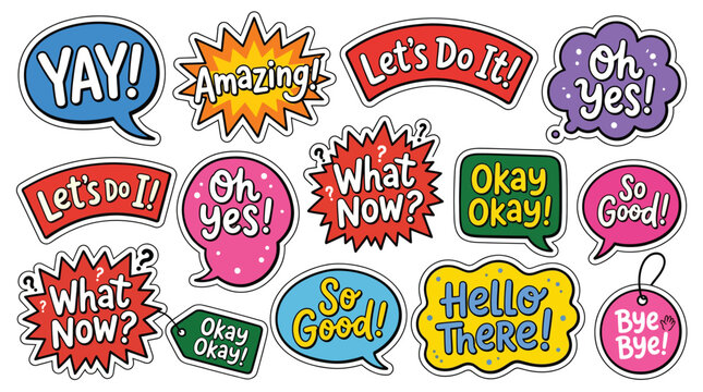 Set of colorful comic speech bubbles with various expressions and phrases