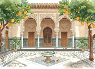 Obraz premium Traditional Moroccan courtyard with ornate arches and mosaic tiles. Historic Islamic architecture featuring intricate carvings and serene outdoor s...