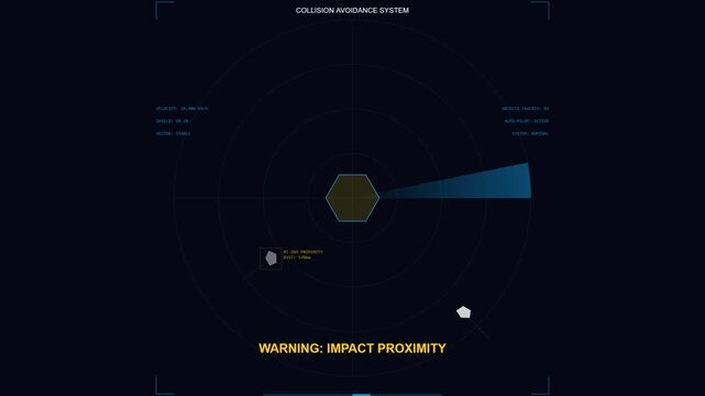 Futuristic Radar Interface Scanning Space Objects with Warning Alert