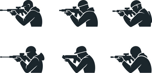 A detailed collection of six dark silhouette vector icons depicting men aiming rifles with scopes in various tactical shooting positions for sport and military themes © Jarina