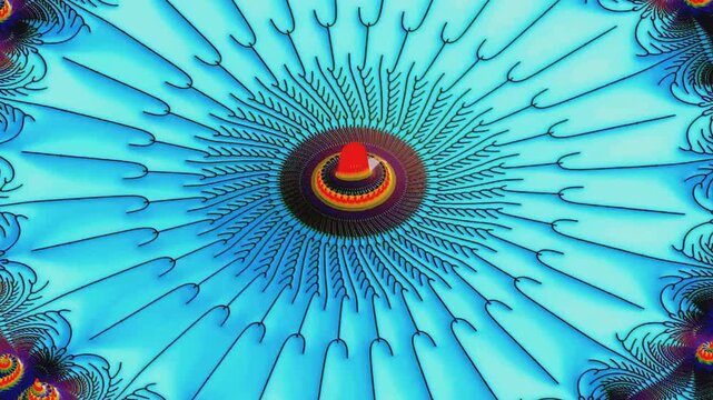 Detailed digital art exhibits intricate red and blue patterns that transition into mesmerizing spiral shapes through a complex display of repeating radial symmetry and structural color layers