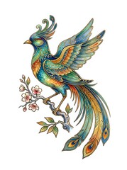 Fototapeta premium Ornate mythical bird with iridescent plumage in turquoise, gold, and orange perched on flowering branch. Isolated clipart for design, apparel, and decorative projects.