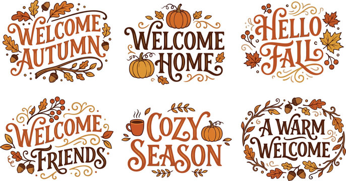 Autumn welcome hand lettered quotes collection for fall decor and seasonal greetings
