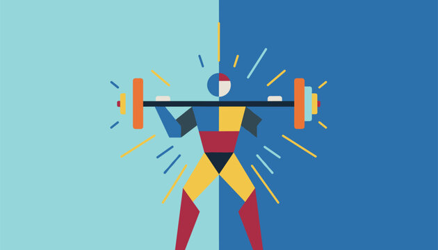 Stylized geometric weightlifter lifting a heavy barbell against a blue split-color background with rays of energy.