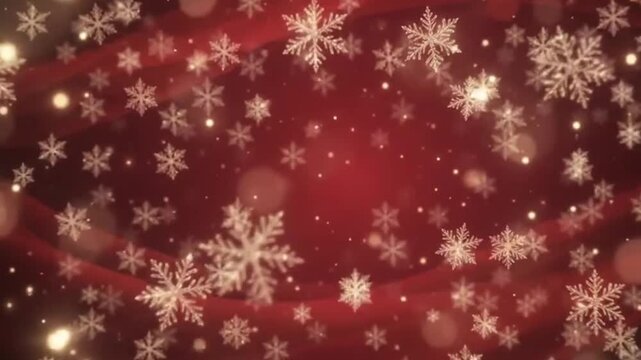 Festive Red Background with Floating Gold Snowflakes and Bokeh Light Effects