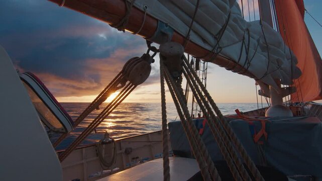 Big sailing boat moves in the Atlantic Ocean under the sails