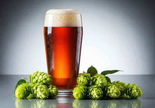 Fresh green hop cones scatter around a tall glass of cold amber craft beer with a foam head, highlighting the sharp bitterness of hops, organic, sharp, taste