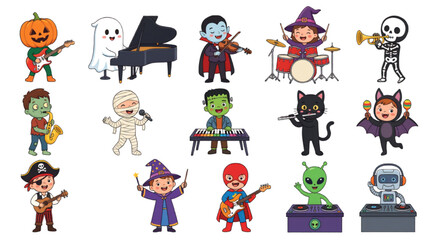 Fototapeta premium Cute Halloween Kids Music Band Characters Playing Musical Instruments Flat Vector Collection Isolated on Transparent Background