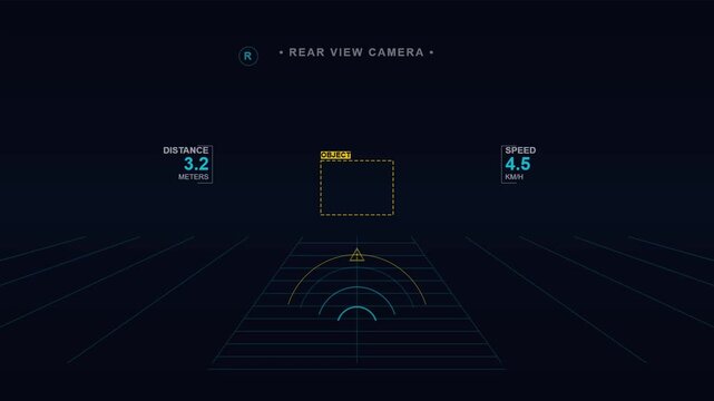 Digital rear view vehicle camera interface displaying distance and speed