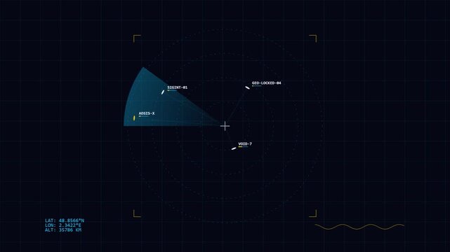 Digital radar screen with rotating scan and tracked object targets
